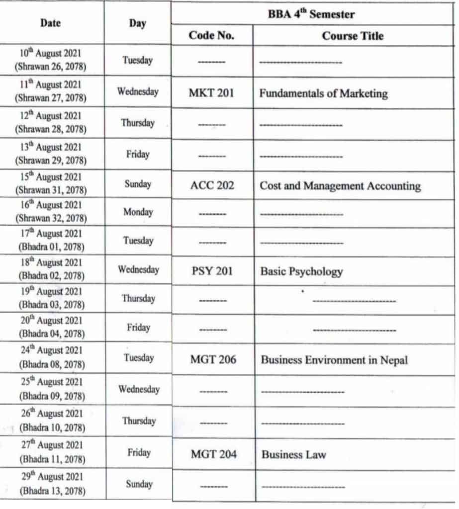 BBA 4th Semester Time Table 2078